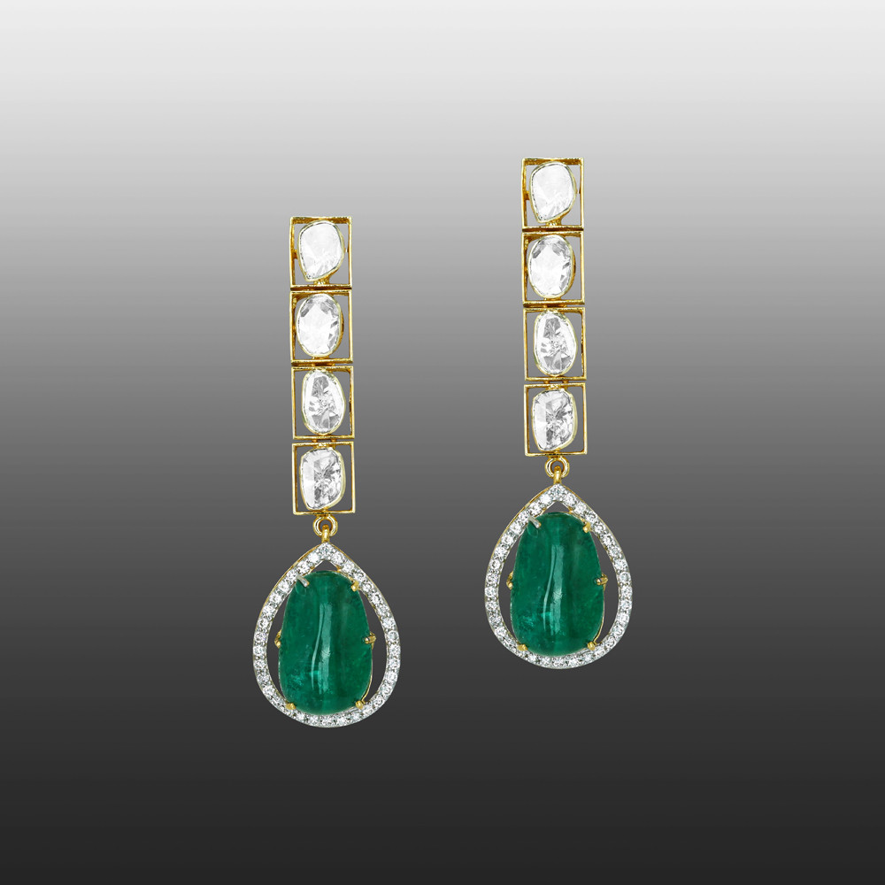 Vertical Polki Earrings with Emerald Drop Highlight